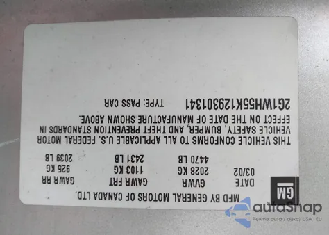 2002 Chevrolet Impala Ls z USA, uszkodzony, nr VIN 2G1WH55K129301341